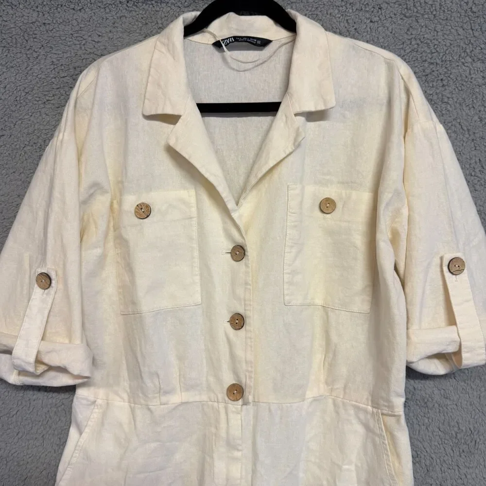 ZARA Linen Blend Jumpsuit Womens L White Roll Tab Sleeves Button Collar Resort